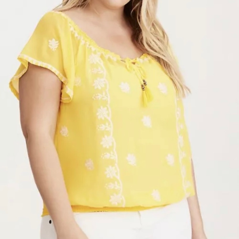 Torrid 0 Plus Size Yellow Off The Shoulder Embroidered Blouse Top Size 0x L 12